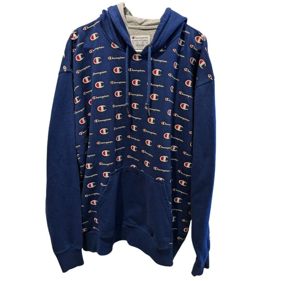 Champion Men's Reverse Weave Hoodie Sweatshirt, XL, Blue, All Over Logo Print - Picture 1 of 13